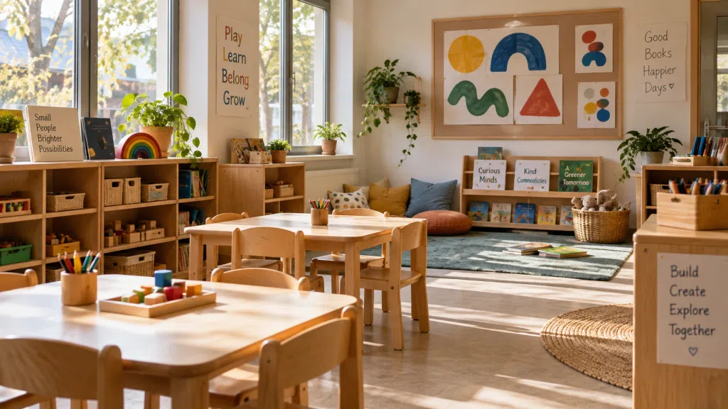 Bright early learning classroom with child-sized tables and activity stations