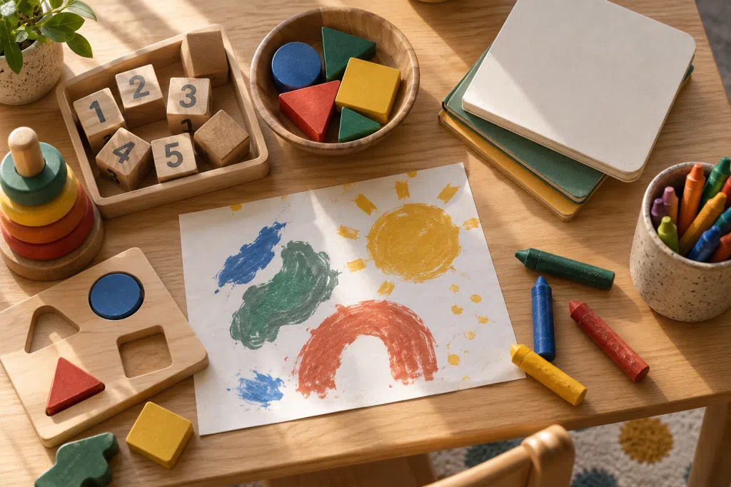 Early learning materials arranged on a classroom table
