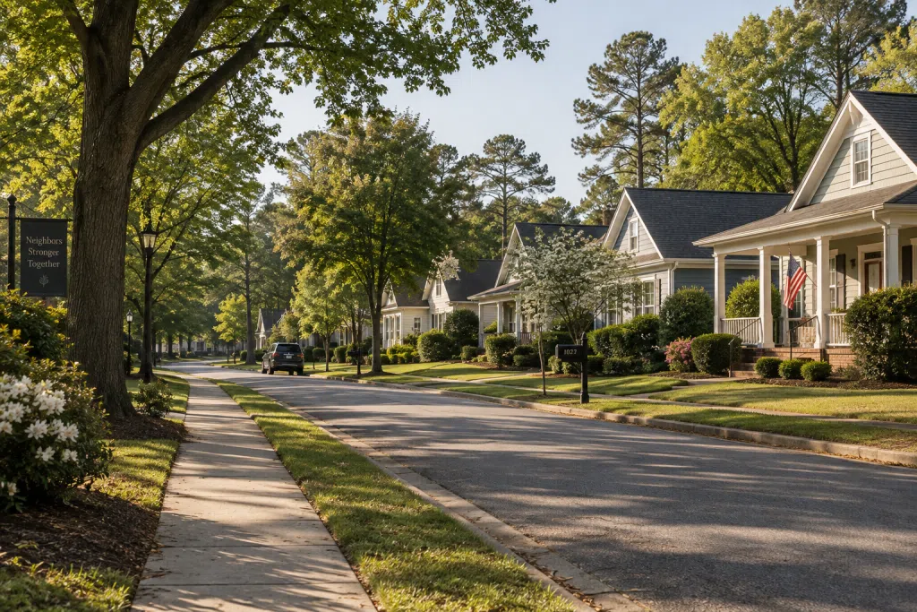 Quiet residential street in Canton, Georgia on a spring morning